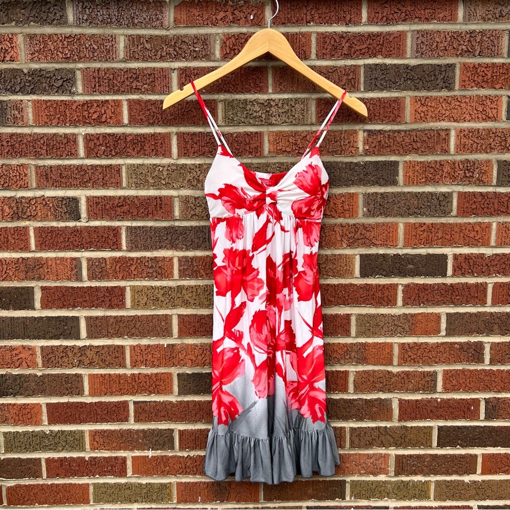 Janette Red and White Floral Print and Gray Ombre Spagetti Strap Padded Dress